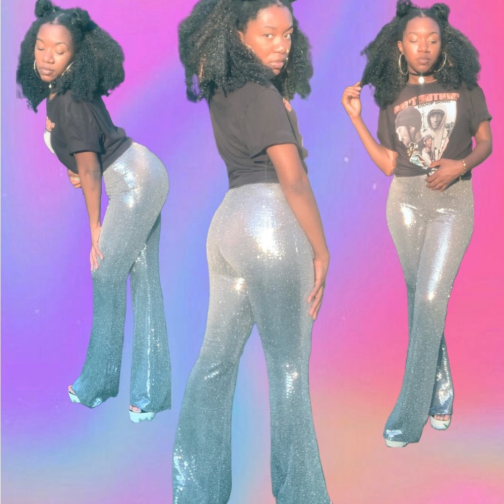 Silver Sequin Bell Bottom Pants